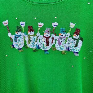 VTG Lisa International Knit Top Medium Green Embellished Beaded Snowmen